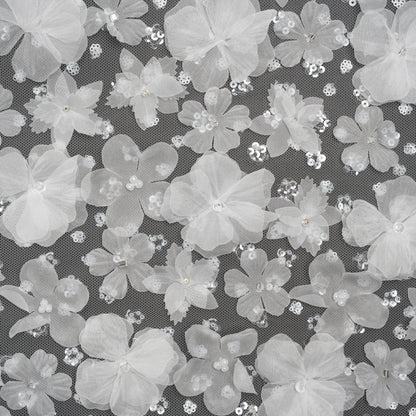 Beaded and Sequined Lace with 3D Fabric Flowers - White Floral with Clear Beads