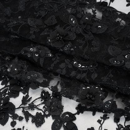 Embroidered 3D Lace with Beads and Sequins - Black Rose Bushes