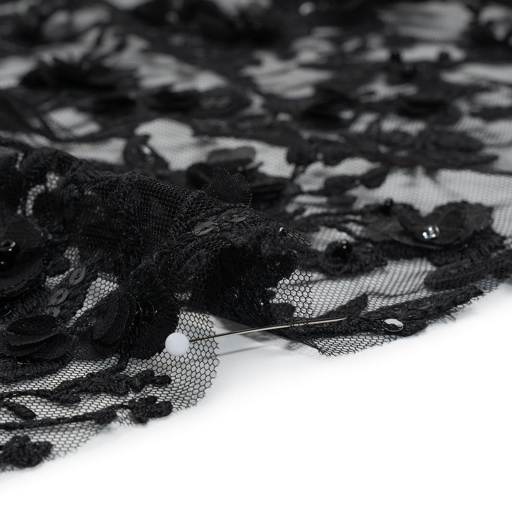 Embroidered 3D Lace with Beads and Sequins - Black Rose Bushes - Detail