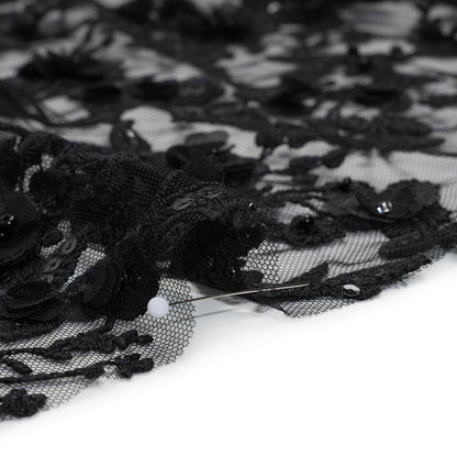 Embroidered 3D Lace with Beads and Sequins - Black Rose Bushes