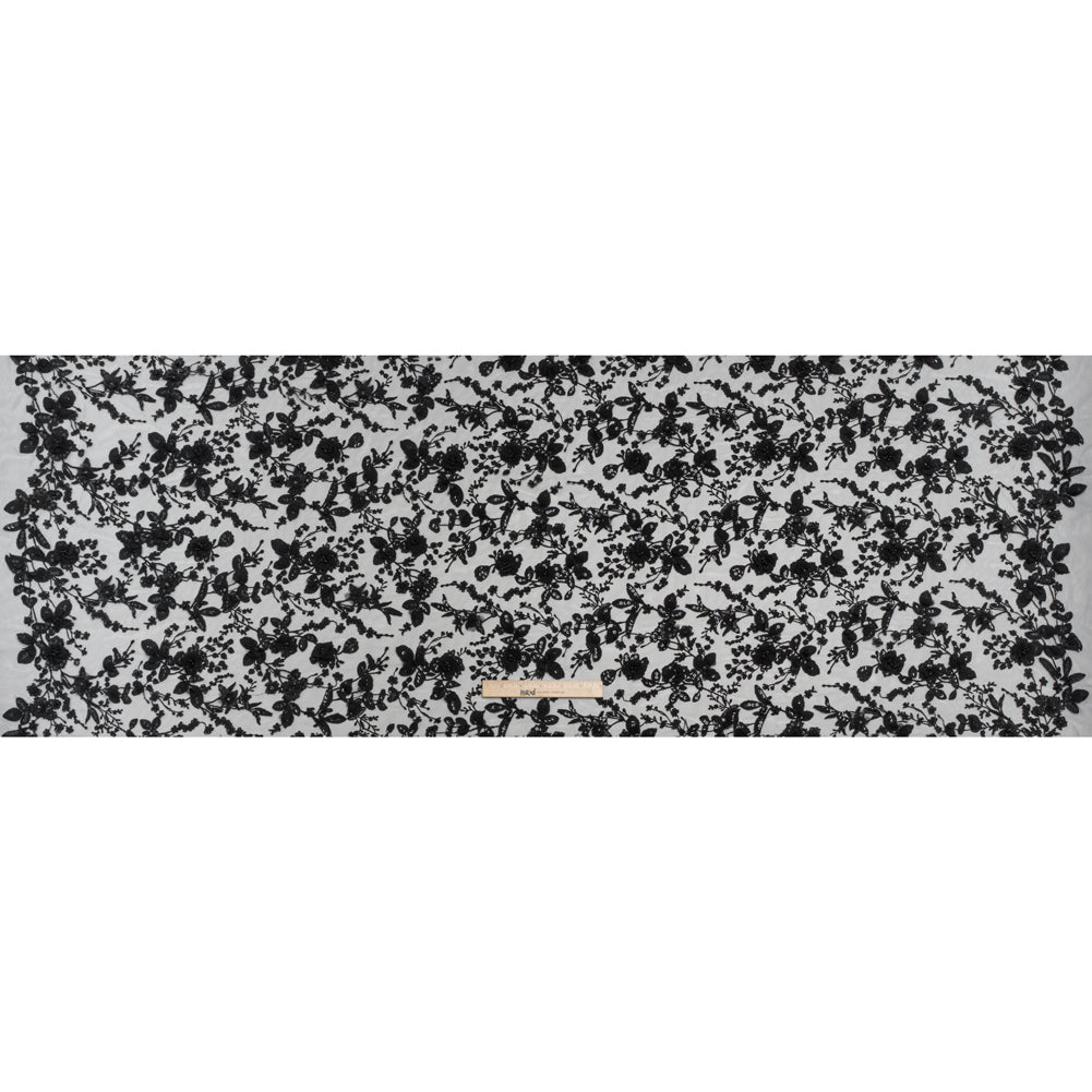 Embroidered 3D Lace with Beads and Sequins - Black Rose Bushes - Full