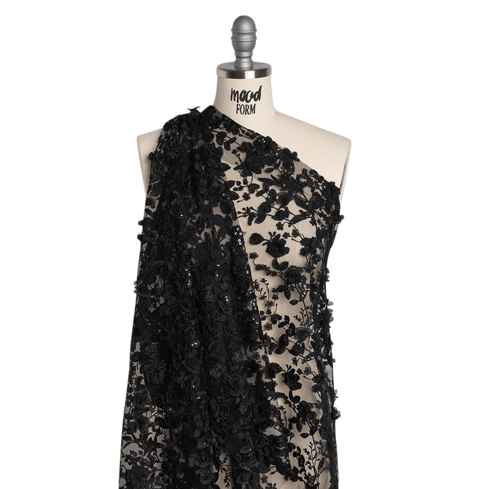 Embroidered 3D Lace with Beads and Sequins - Black Rose Bushes - Drape