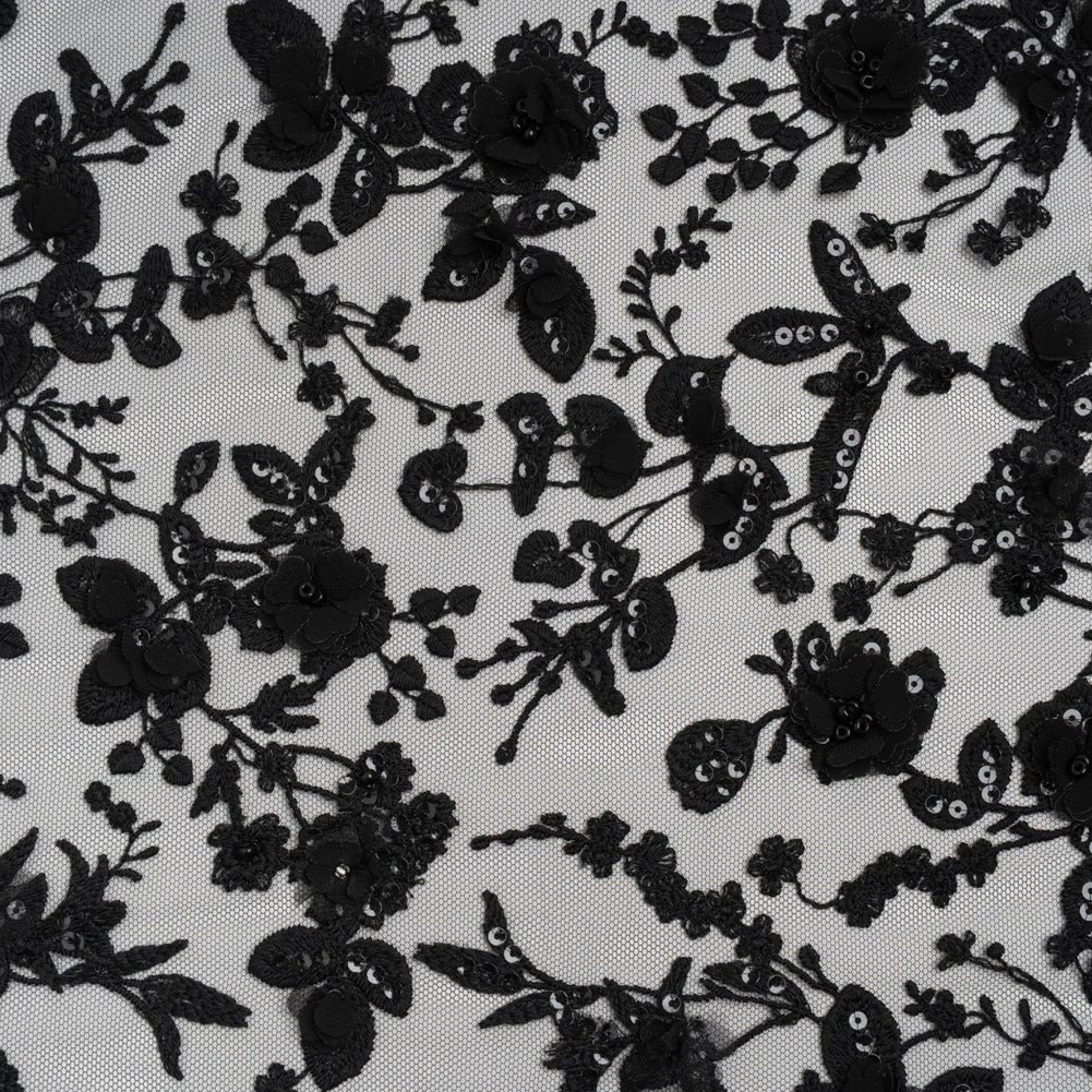 Embroidered 3D Lace with Beads and Sequins - Black Rose Bushes