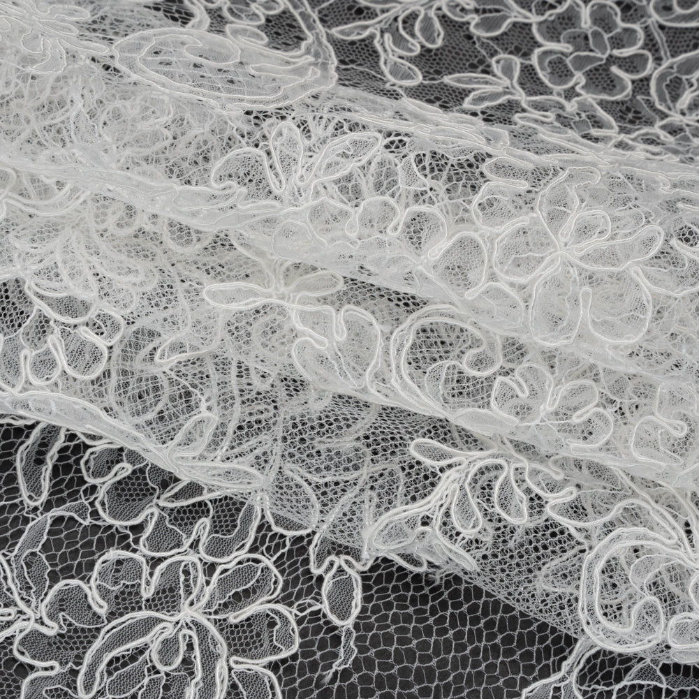 Corded Lace with Finished Edges - Off White Floral - Folded