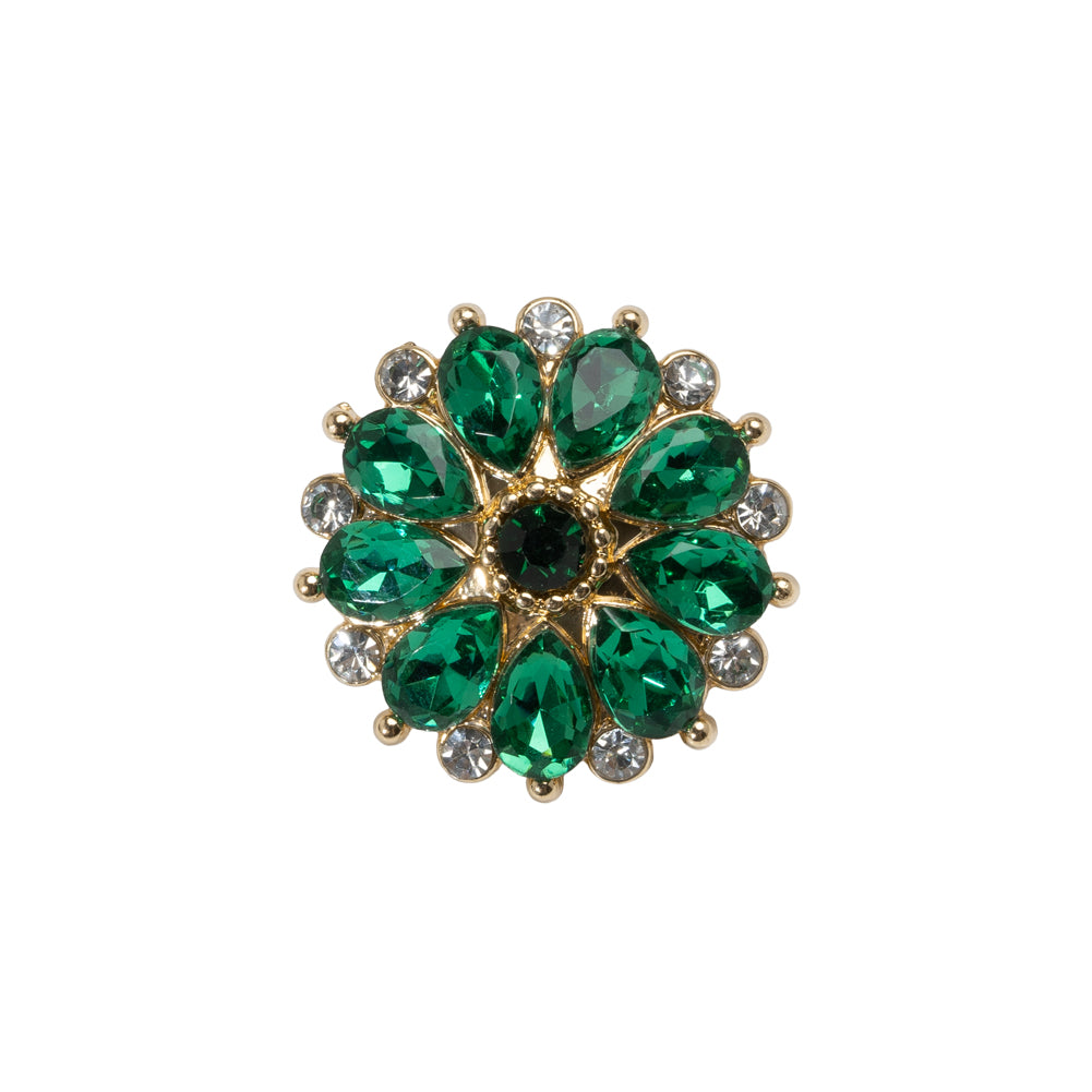 Rhinestone and Metal Shank Back Button - 32L/20mm - Green and Gold Little Daisy