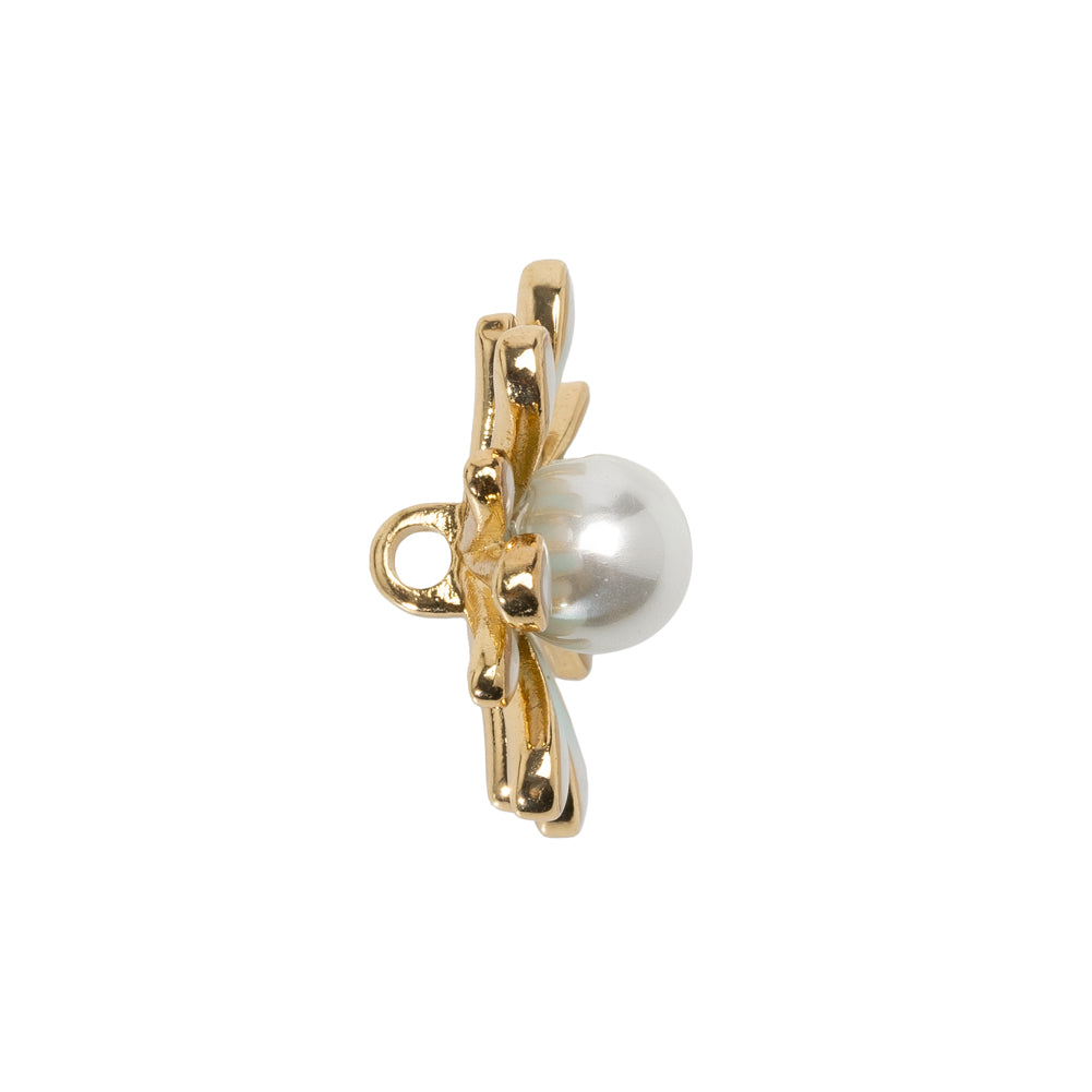 Enameled Metal and Pearl Shank Back Button - 36L/23mm - Green, Pearl White, and Gold Flower - Folded
