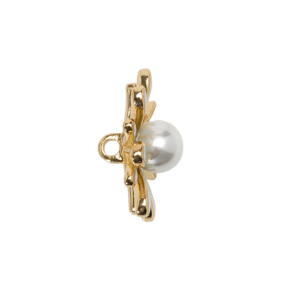 Enameled Metal and Pearl Shank Back Button - 36L/23mm - Green, Pearl White, and Gold Flower