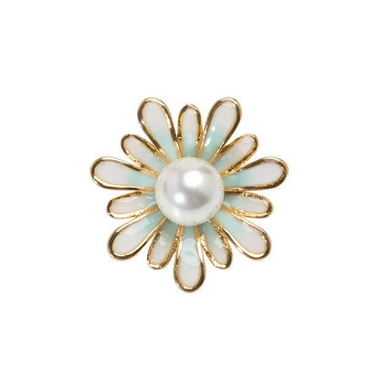 Enameled Metal and Pearl Shank Back Button - 36L/23mm - Green, Pearl White, and Gold Flower
