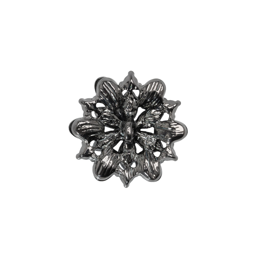 Rhinestone and Metal Shank Back Button - 32L/20mm - Black Diamond and Gunmetal Little Open Flower - Detail