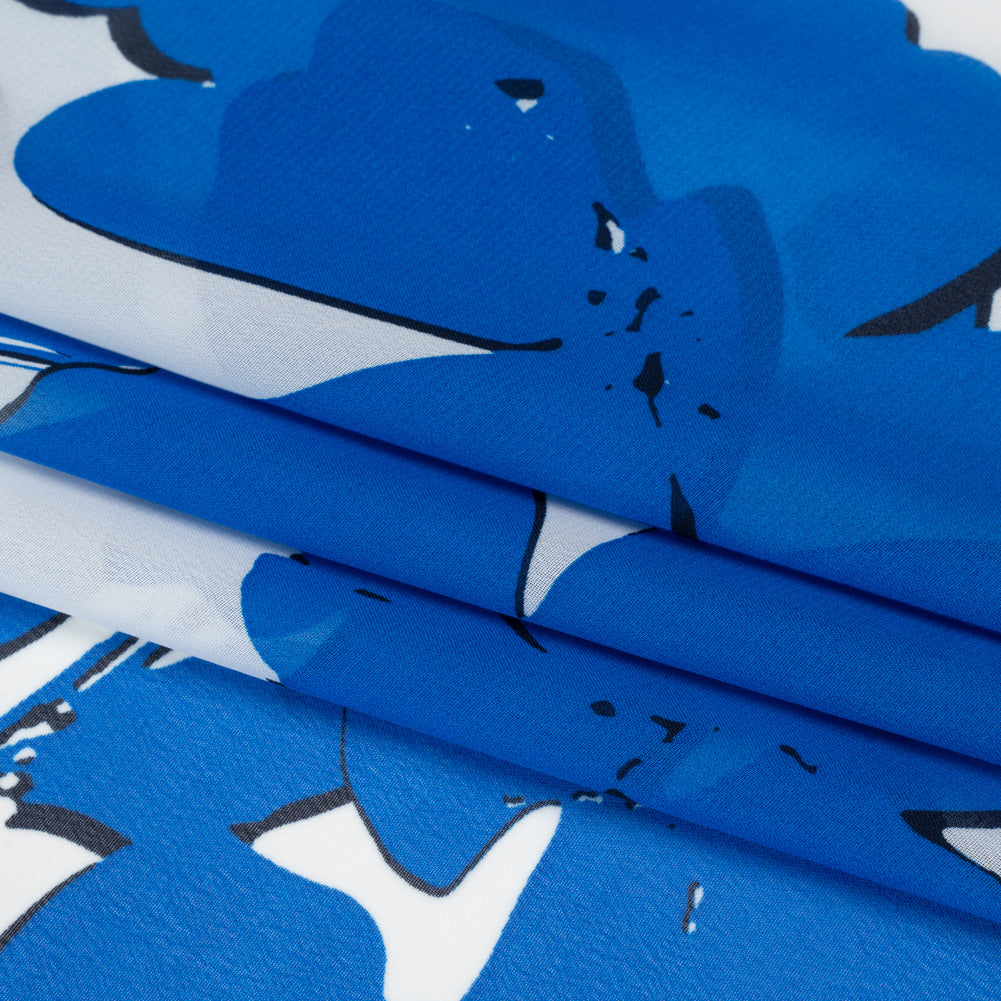 Polyester Chiffon - Bright Blue and Ivory Flowers and Leaves - Designer Deadstock - Folded