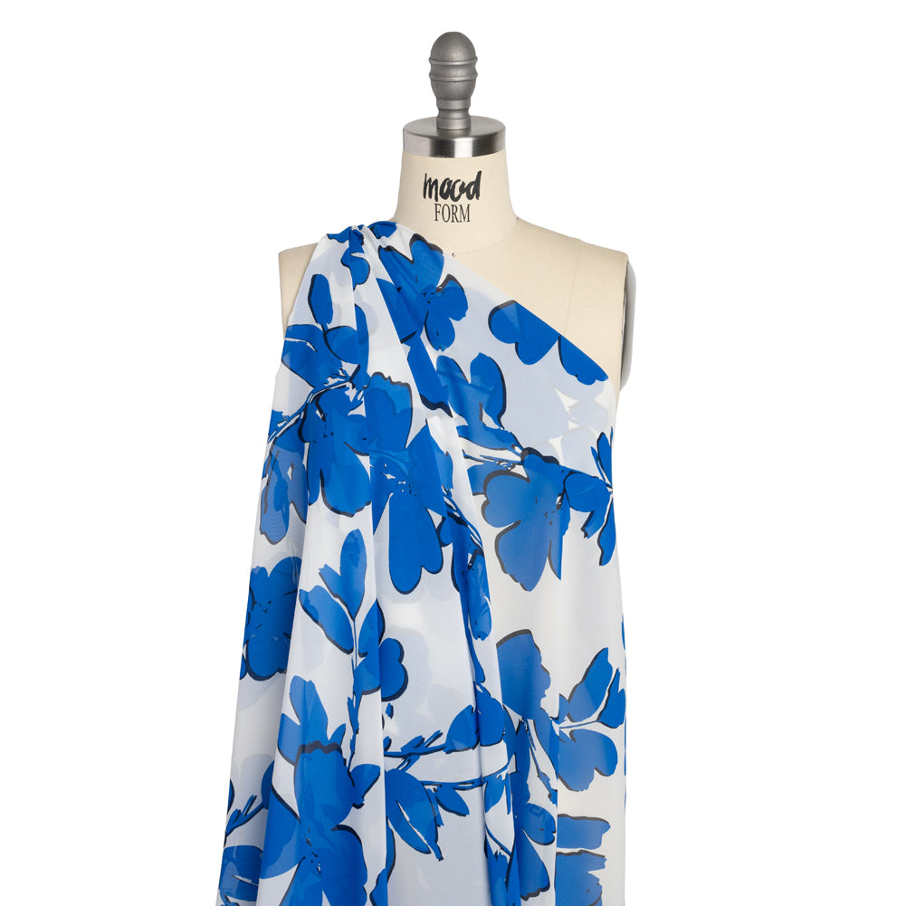 Polyester Chiffon - Bright Blue and Ivory Flowers and Leaves - Designer Deadstock - Drape