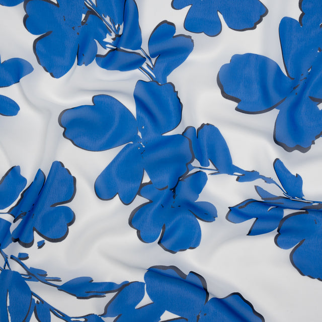 Polyester Chiffon - Bright Blue and Ivory Flowers and Leaves - Designer Deadstock