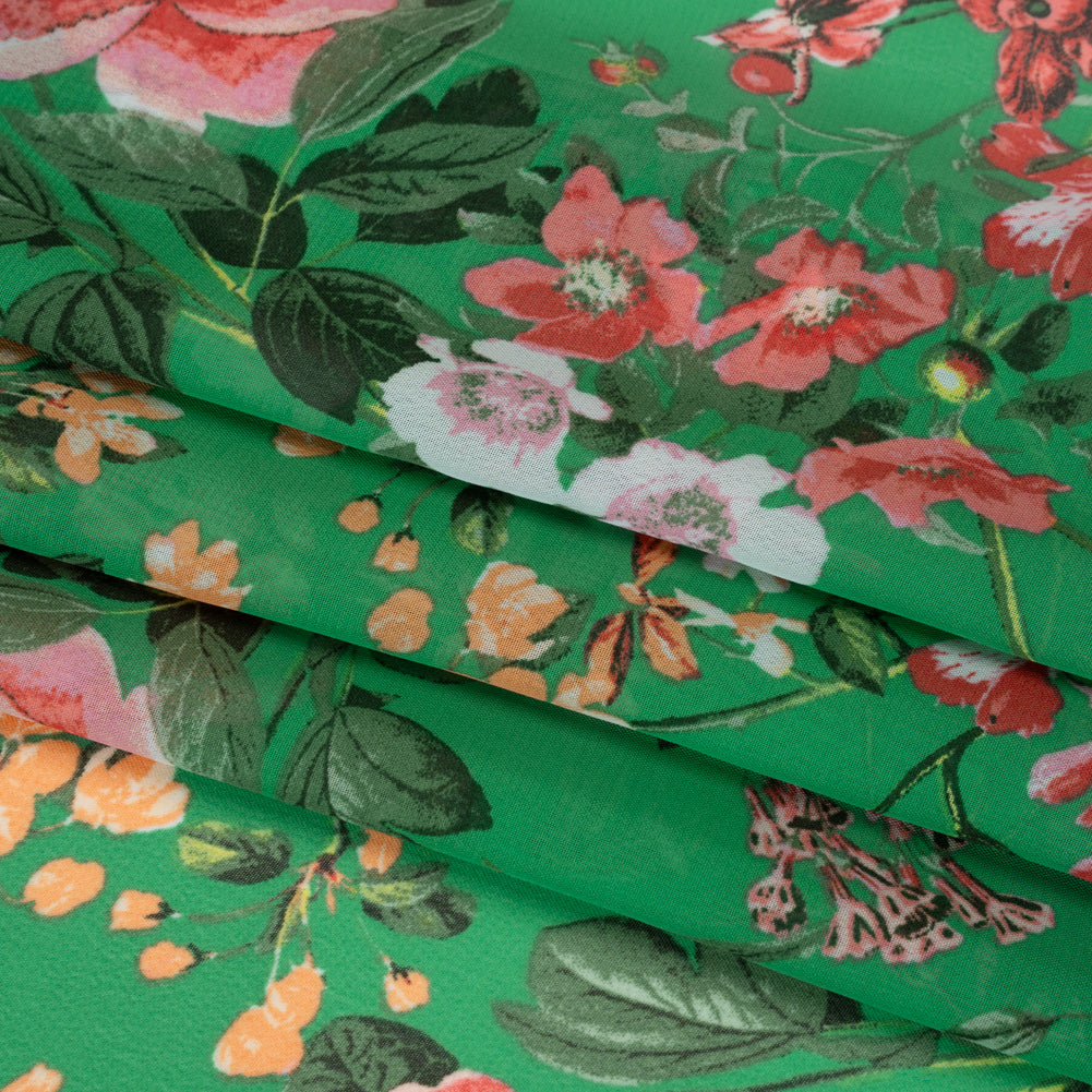 Polyester Chiffon - Kelly Green and Pink Floral - Designer Deadstock - Folded