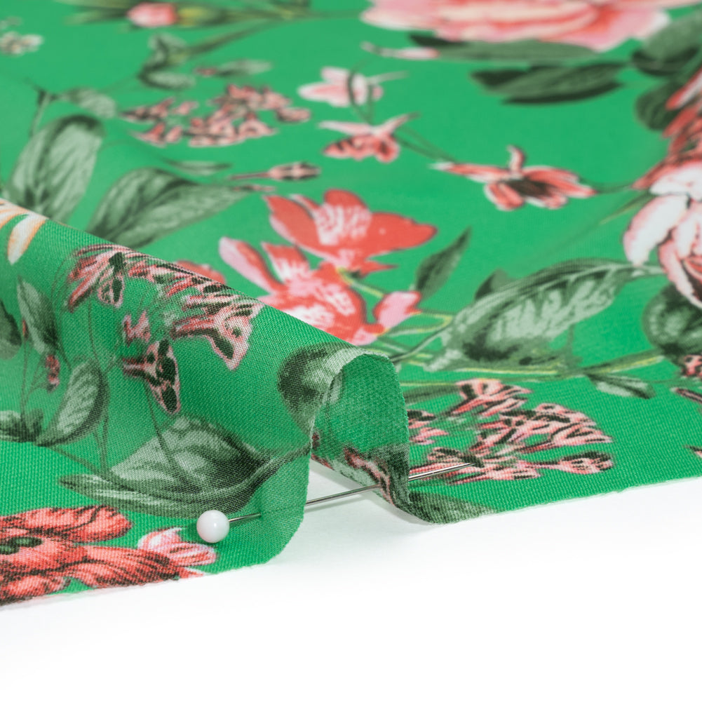 Polyester Chiffon - Kelly Green and Pink Floral - Designer Deadstock - Detail