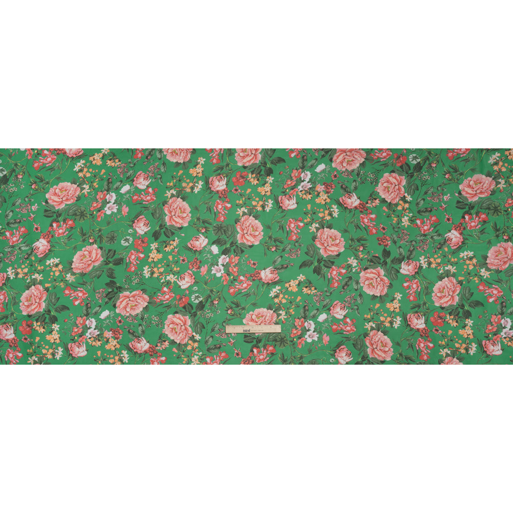 Polyester Chiffon - Kelly Green and Pink Floral - Designer Deadstock - Full