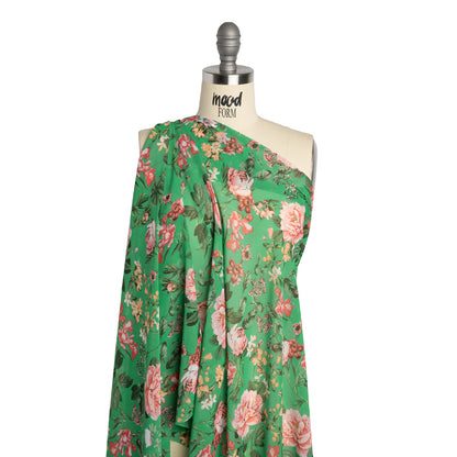 Polyester Chiffon - Kelly Green and Pink Floral - Designer Deadstock