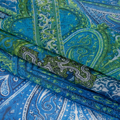 Polyester Chiffon - Blue and Green Ornate Paisley Patchwork - Designer Deadstock