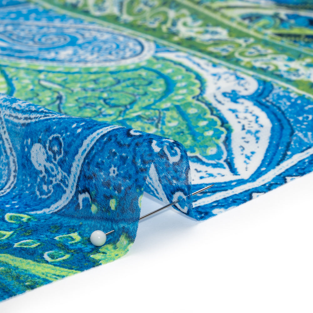 Polyester Chiffon - Blue and Green Ornate Paisley Patchwork - Designer Deadstock - Detail