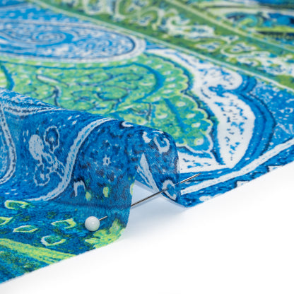 Polyester Chiffon - Blue and Green Ornate Paisley Patchwork - Designer Deadstock