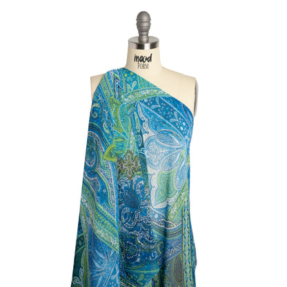 Polyester Chiffon - Blue and Green Ornate Paisley Patchwork - Designer Deadstock