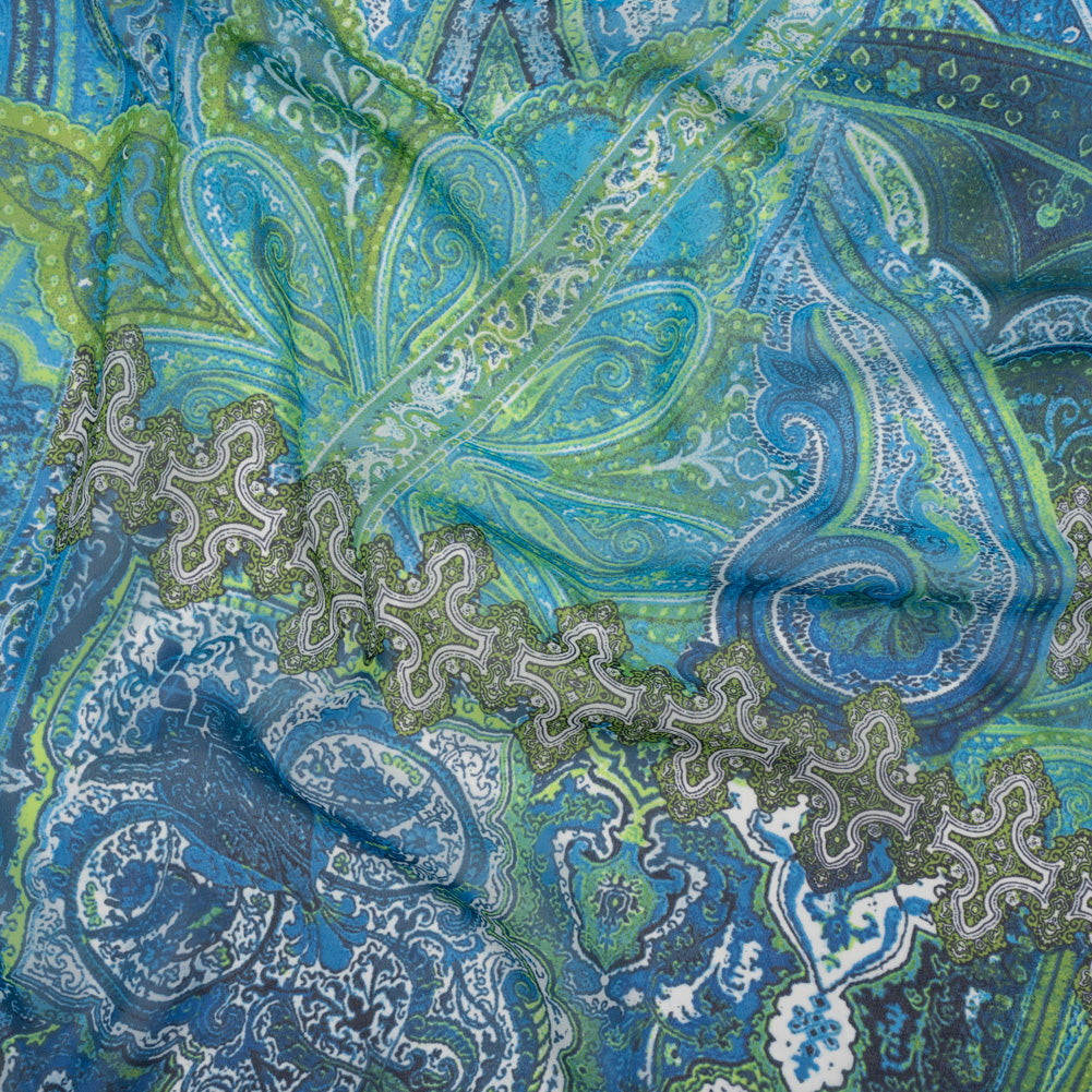 Polyester Chiffon - Blue and Green Ornate Paisley Patchwork - Designer Deadstock