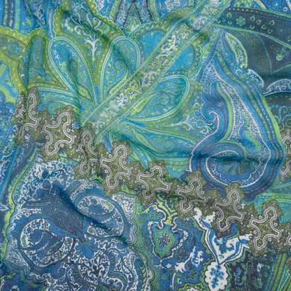 Polyester Chiffon - Blue and Green Ornate Paisley Patchwork - Designer Deadstock
