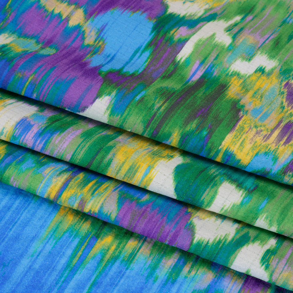Stretch Polyester Seersucker - Bright Blue, Lime Green and Yellow Ikat Floral - Designer Deadstock - Folded