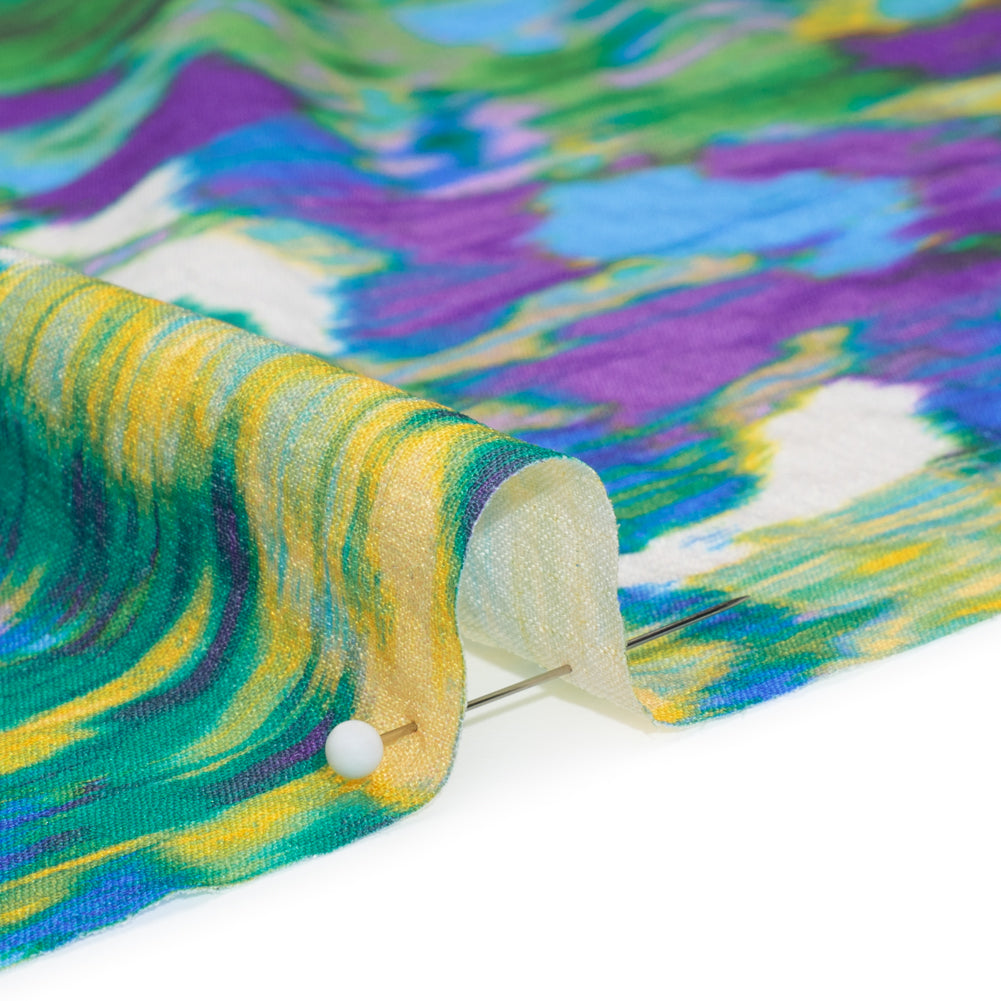 Stretch Polyester Seersucker - Bright Blue, Lime Green and Yellow Ikat Floral - Designer Deadstock - Detail