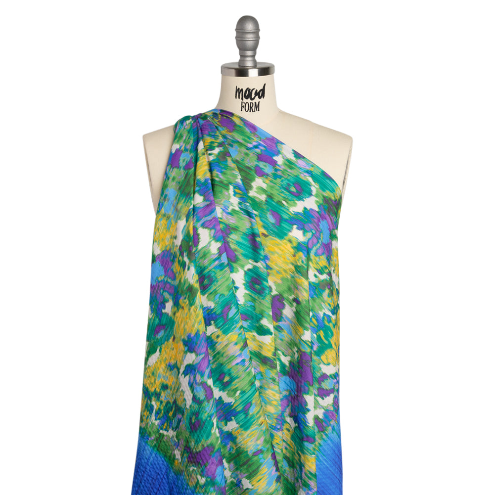 Stretch Polyester Seersucker - Bright Blue, Lime Green and Yellow Ikat Floral - Designer Deadstock - Drape