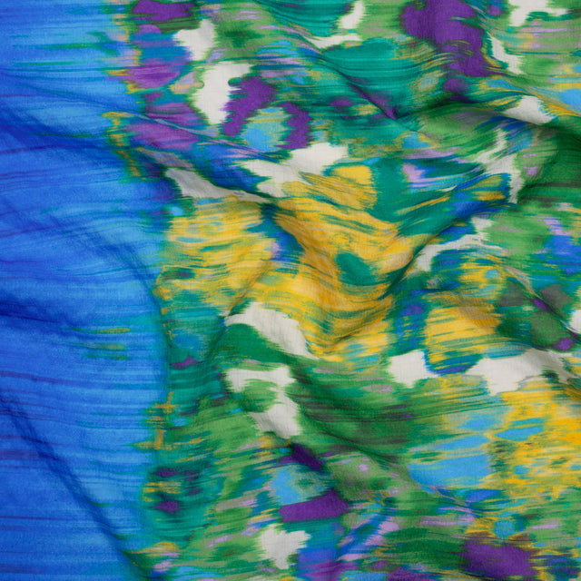 Stretch Polyester Seersucker - Bright Blue, Lime Green and Yellow Ikat Floral - Designer Deadstock
