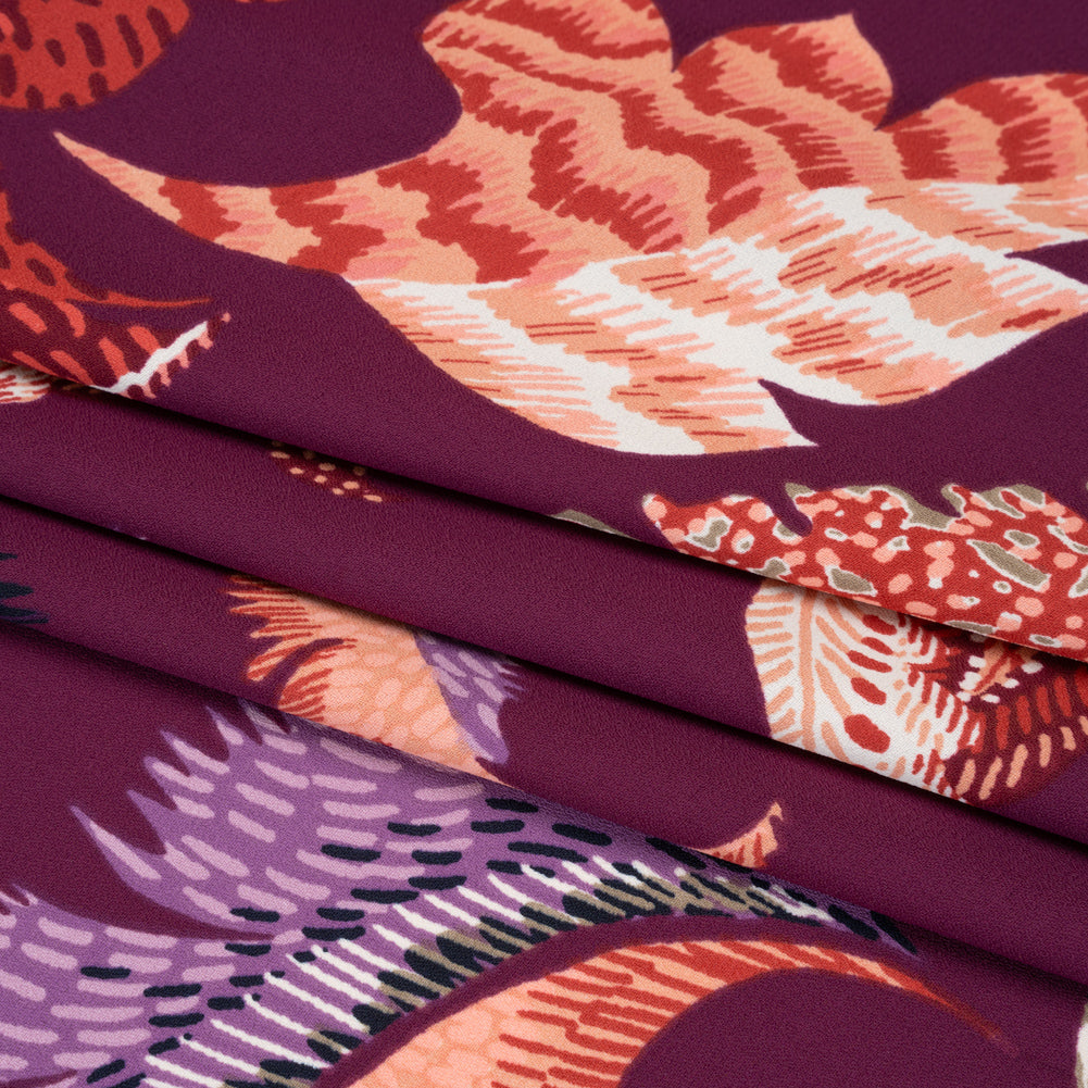 Polyester Crepe Print - Berry, Coral Pink, and Purple Jacobean Floral - Designer Deadstock - Folded