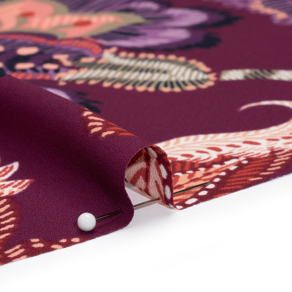 Polyester Crepe Print - Berry, Coral Pink, and Purple Jacobean Floral - Designer Deadstock - Detail
