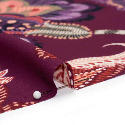 Polyester Crepe Print - Berry, Coral Pink, and Purple Jacobean Floral - Designer Deadstock