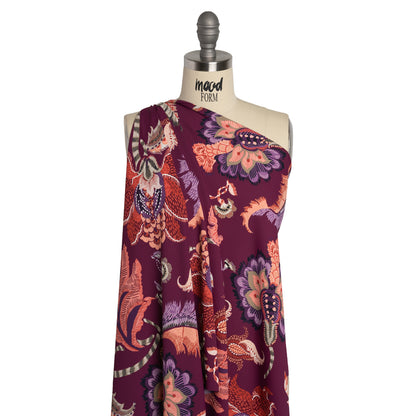 Polyester Crepe Print - Berry, Coral Pink, and Purple Jacobean Floral - Designer Deadstock
