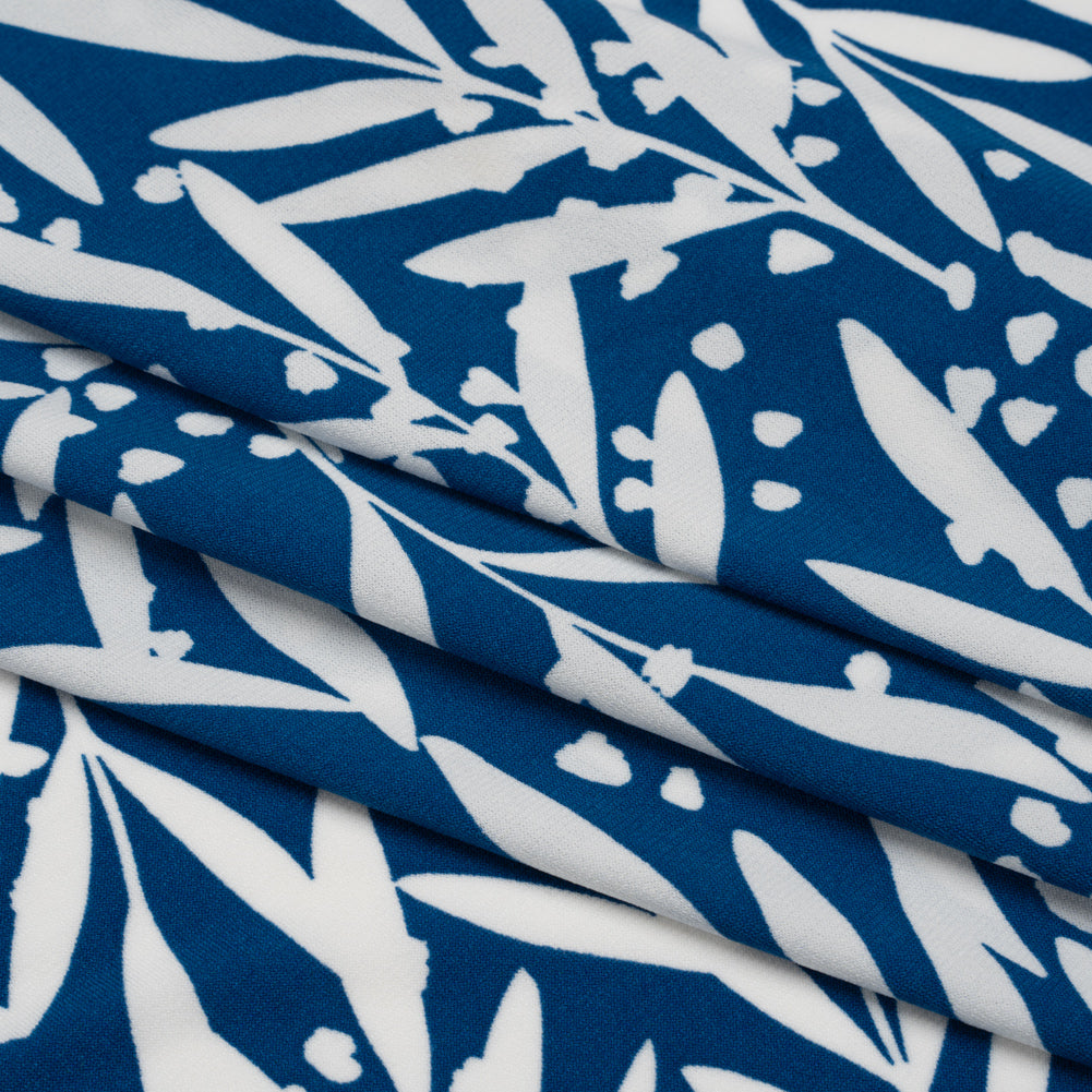 Stretch Polyester Tricot - Blue and White Leafy Stems - Designer Deadstock - Folded