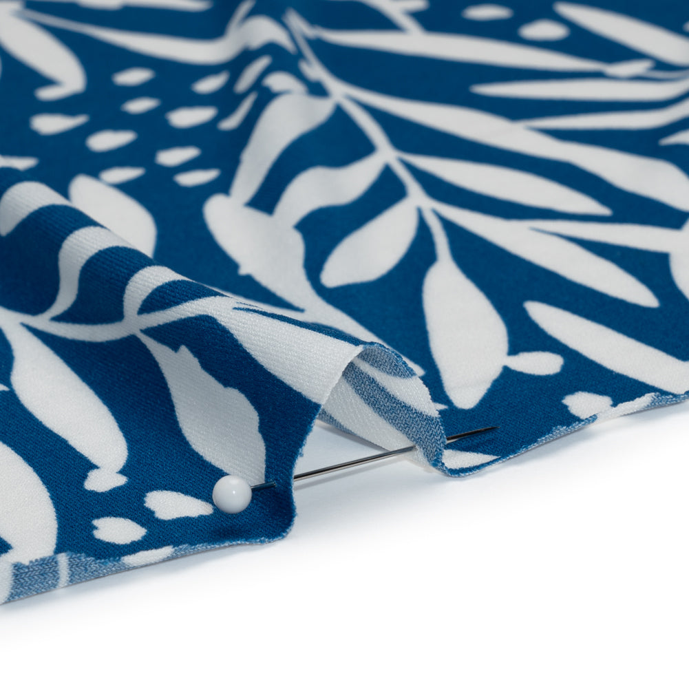 Stretch Polyester Tricot - Blue and White Leafy Stems - Designer Deadstock - Detail
