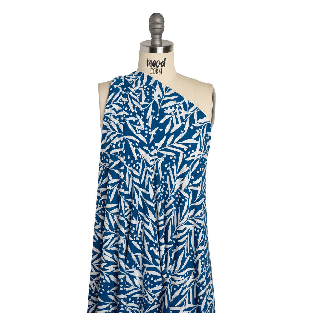 Stretch Polyester Tricot - Blue and White Leafy Stems - Designer Deadstock - Drape