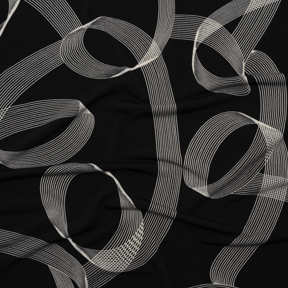 Stretch Polyester Tricot - Black and White Looping Lines - Designer Deadstock
