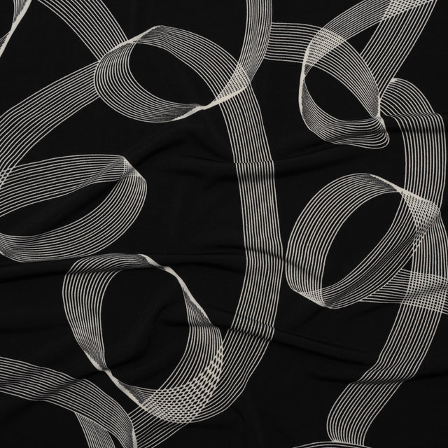Stretch Polyester Tricot - Black and White Looping Lines - Designer Deadstock
