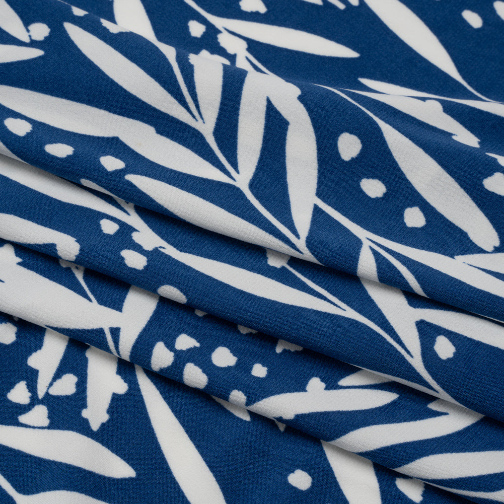 Stretch Polyester Tricot - Dark Blue and White Leafy Stems - Designer Deadstock - Folded