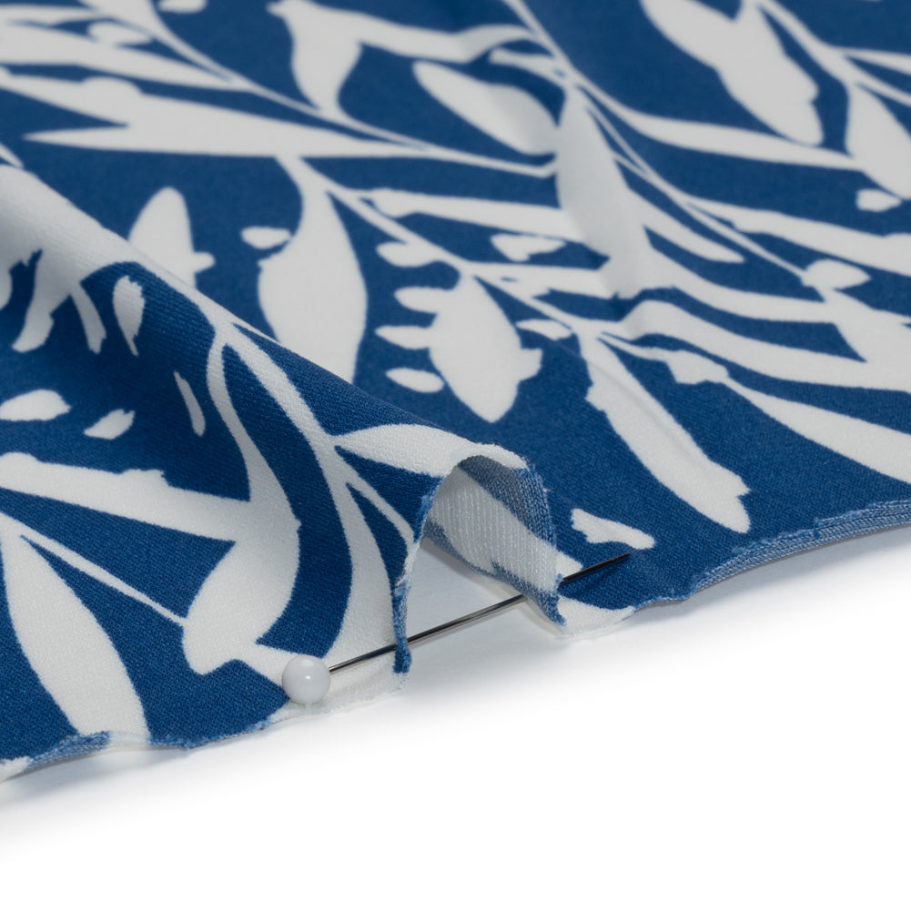 Stretch Polyester Tricot - Dark Blue and White Leafy Stems - Designer Deadstock - Detail