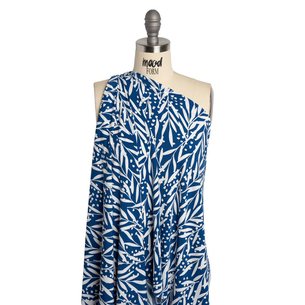 Stretch Polyester Tricot - Dark Blue and White Leafy Stems - Designer Deadstock - Drape