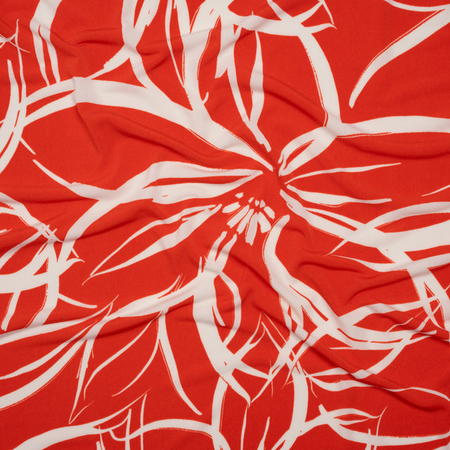 Stretch Polyester Tricot - Orange Red and White Flowers and Leaves - Designer Deadstock