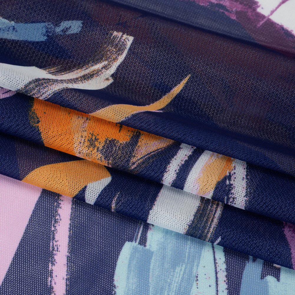 Polyester Stretch Mesh - Navy, Plum Purple and Golden Yellow Abstracted Brushstroke Plants - Designer Deadstock - Folded