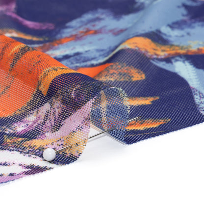 Polyester Stretch Mesh - Navy, Plum Purple and Golden Yellow Abstracted Brushstroke Plants - Designer Deadstock