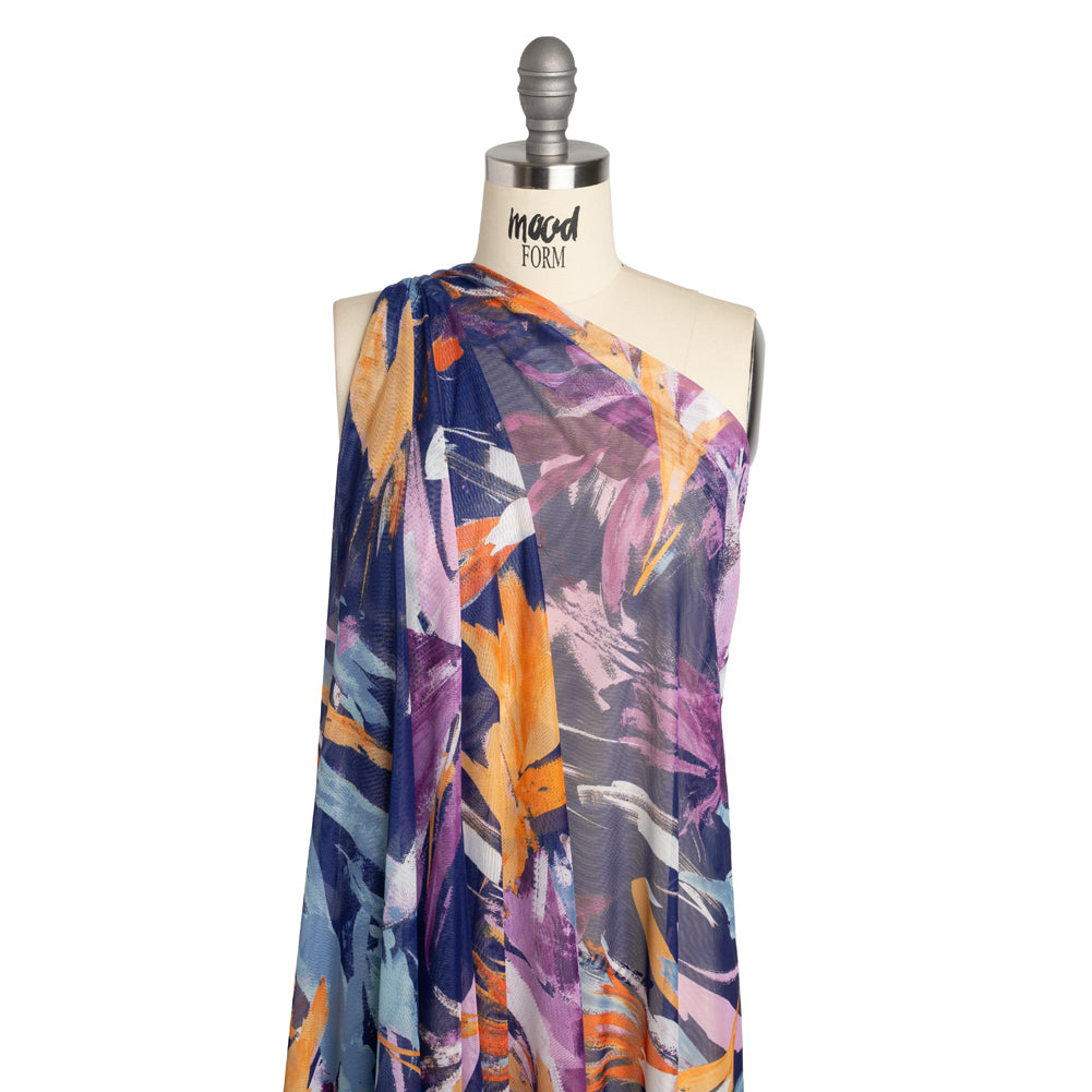 Polyester Stretch Mesh - Navy, Plum Purple and Golden Yellow Abstracted Brushstroke Plants - Designer Deadstock - Drape