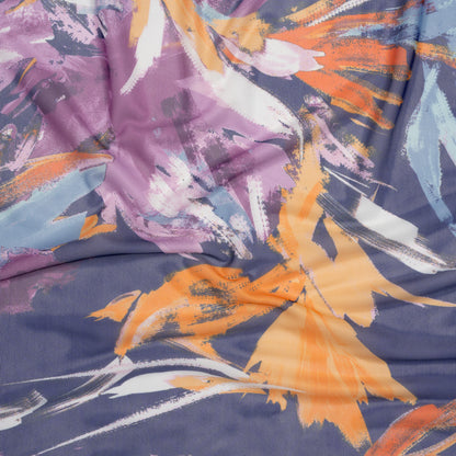 Polyester Stretch Mesh - Navy, Plum Purple and Golden Yellow Abstracted Brushstroke Plants - Designer Deadstock