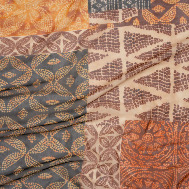 Polyester Stretch Mesh - Black, Auburn and Golden Yellow Batik-Like Geometric Patchwork - Designer Deadstock