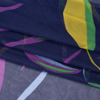 Polyester Stretch Mesh - Navy Blue, Purple and Green Leaf Party - Designer Deadstock