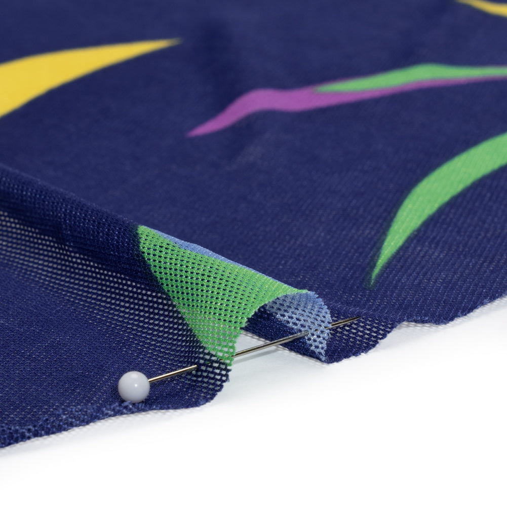 Polyester Stretch Mesh - Navy Blue, Purple and Green Leaf Party - Designer Deadstock - Detail